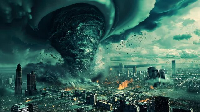 Devastation unfolds as a colossal tornado wreaks havoc on a cityscape, a scene of destruction, Ai Generated