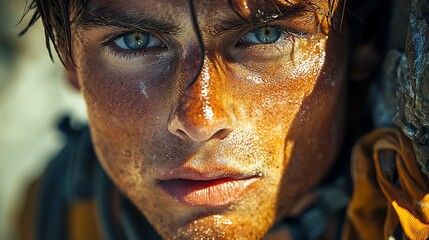 Sweaty, focused male adventurer in the desert