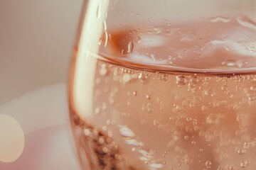 Close-up of sparkling ros&eacute; wine in a glass, showcasing its bubbles and color.