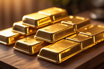Stack of shiny gold bars on a wooden table under warm lighting.