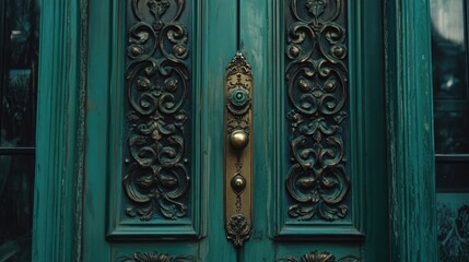 Ornamental bronze door handle with intricate scrollwork against a green background.