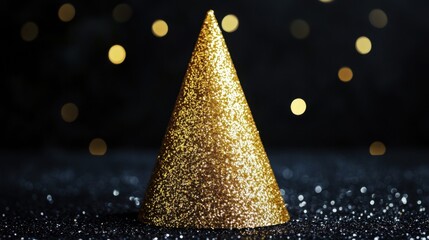 A sparkling gold party hat with glittery details placed on a midnight black background