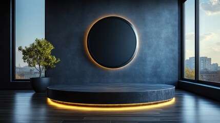 Modern dark room, circular display podium, blank poster, city view