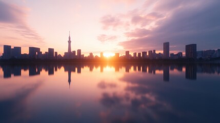 Naklejka premium City Skyline at Sunset Reflected on Water