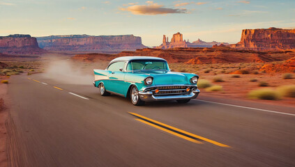Fototapeta premium Vintage car racing through monument valley usa scenic landscape sunset