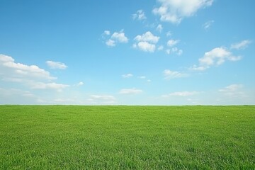 Fototapeta premium Lush green field, blue sky, fluffy clouds; idyllic nature scene