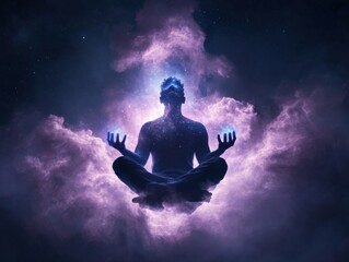 Meditating figure in lotus pose surrounded by clouds