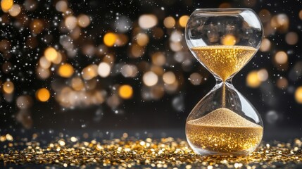 A stylish hourglass with golden sand flowing, marking the transition to the year