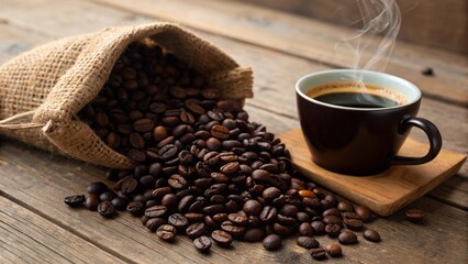 Freshly roasted coffee beans pouring out of a burlap bag on a wooden table next to a clear glass of steaming black coffee.
