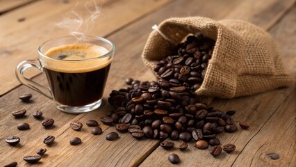 Rustic still life featuring roasted coffee beans scattered on a wooden surface with a glass cup of hot coffee and steam rising.
