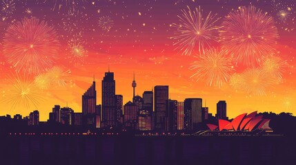 Fototapeta premium Silhouette of a city skyline with fireworks and glowing lights.