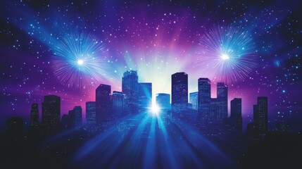 Silhouette of a city skyline with fireworks and glowing lights.