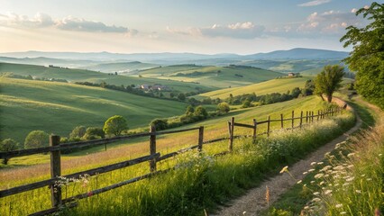 Naklejka premium Pastoral scenery of rolling hills and meadows in a vibrant green, under a sky filled with fluffy clouds, with a country fence. 