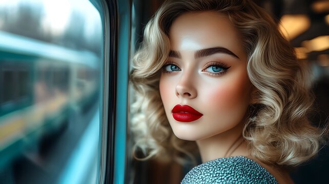 Blonde woman train travel portrait