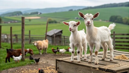 Charming scene of two baby goats perched on a wooden structure on a farmyard, with poultry and open fields in the soft, evening light. 
