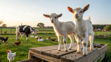Fototapeta premium Delightful photograph of two cute goat kids standing on a wooden bench on a working farm, with chickens and other livestock grazing in the background. 