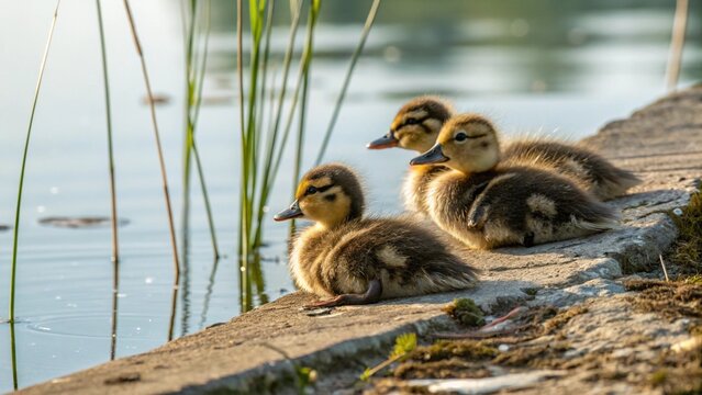 Captivating image showcasing three adorable ducklings sitting side-by-side at the edge of a lake, with a blurred, natural backdrop.
