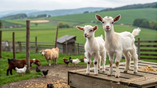 Charming scene of two baby goats perched on a wooden structure on a farmyard, with poultry and open fields in the soft, evening light.
