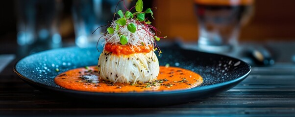 Gourmet seafood tower with delicate layers and rich sauce, fine dining dish for high-end restaurant menus and food magazines