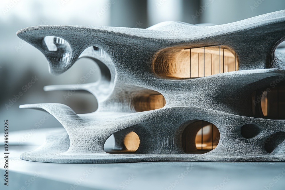 Poster 3d-printed architectural model showcasing a biomorphic, organic design with intricate, flowing forms