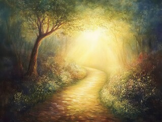 Naklejka premium Illuminated Path of Faith with a Radiant Light of Hope Guiding the Soul Through Spiritual Trials and Uplifting Inner Wisdom