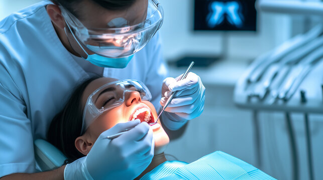 Dentist performing a dental examination on a female patient, using protective gear and tools in a clinical setting. Highlighting professional oral healthcare. Image made using Generative AI.