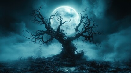 Moonlight, Dead Tree, Gloomy Landscape, Night Scene