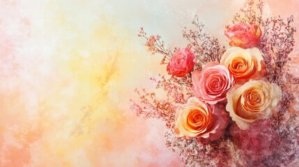 Whimsical floral bouquet with a watercolor-style pastel background.
