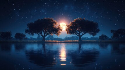 Naklejka premium Moonlight trees by lake at night