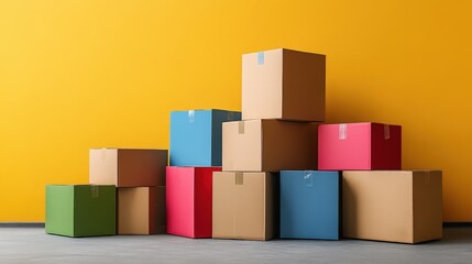 Obraz premium Colorful boxes stacked against a minimal yellow wall in a simple studio