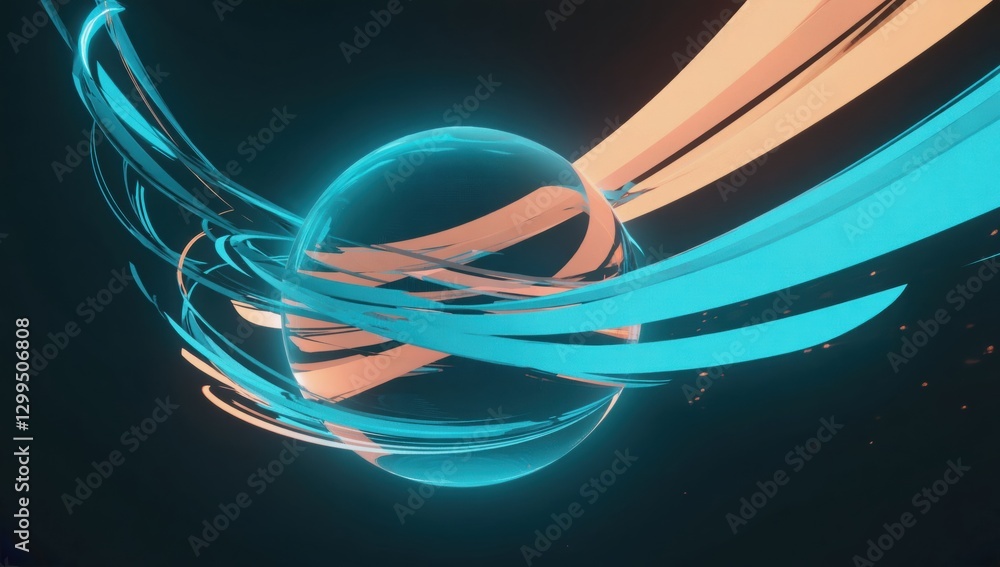 Poster dynamic abstract motion of neon swirls and sphere in dark space
