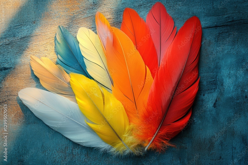 Poster vibrant multicolored feathers arranged in a fan shape on a dark rustic background.