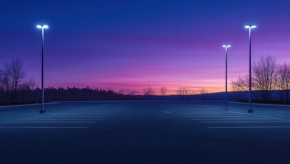 Empty Parking Lot at Twilight with Purple and Blue Sunset