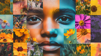 A collage of diverse faces with vibrant, colorful backgrounds representing cultural diversity and inclusion. Harmony - Meadow. Illustration