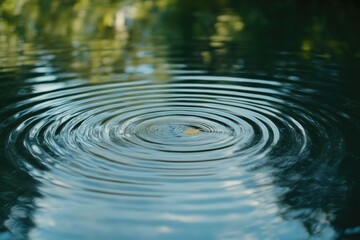 Concentric ripples spreading on calm water surface, a single leaf rests at the epicenter.