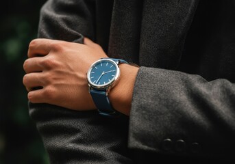 Elegant wristwatch on mans arm in stylish suit