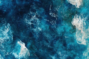 Aerial view of deep blue ocean water with white foamy waves creating a stunning texture.
