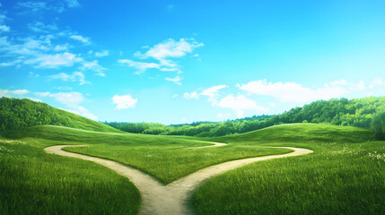 A serene landscape features a forked path intersecting in lush green hills under a clear blue sky, perfect for contemplation and decision-making. Harmony - Meadow. Illustration