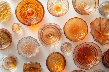 Collection of amber glass bowls and dishes, showcasing intricate patterns and textures.
