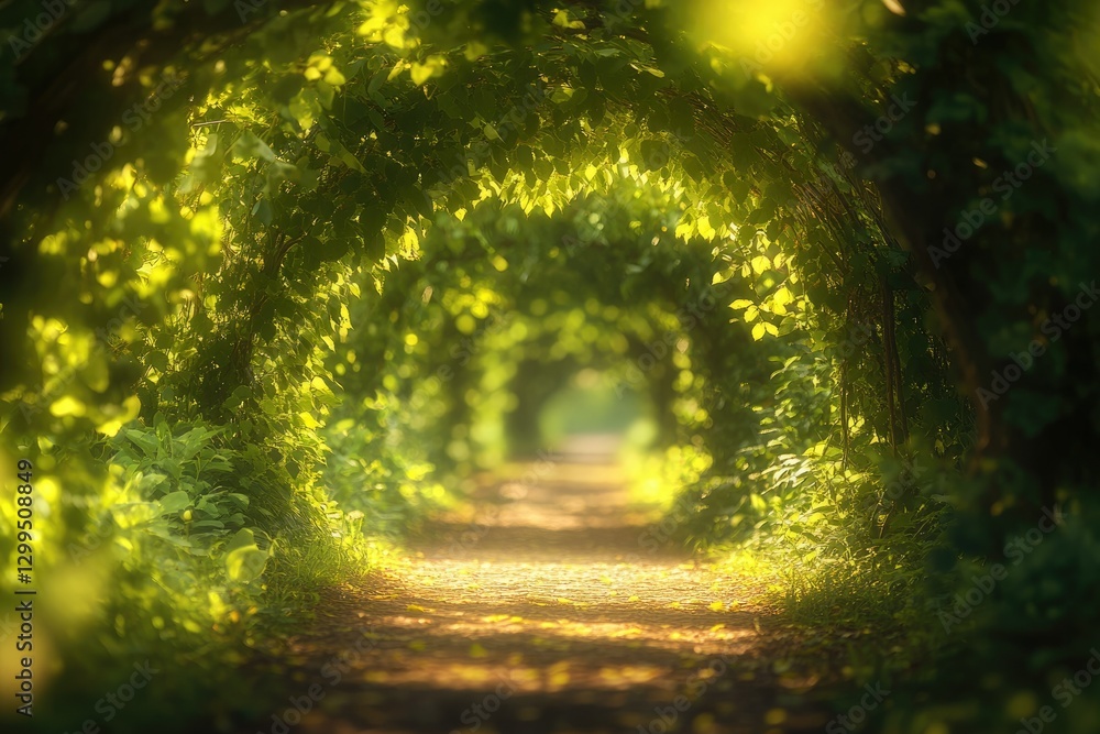 Poster sunlit path through a lush green tunnel of trees, creating a magical, enchanting scene.