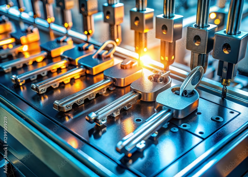 Poster drone view: automated key duplication machine in action - precision engineering
