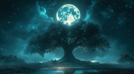 Fototapeta premium Mystical Tree Moonlit Meadow