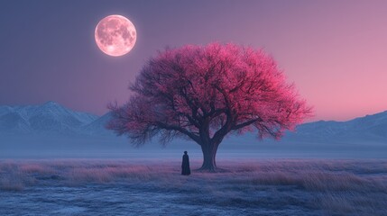 Mystical figure, twilight, moonlit tree, misty mountains