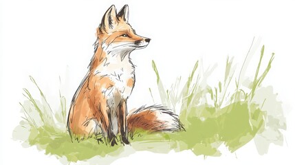 Elegant fox artwork amidst watercolor green grass, wildlife illustration