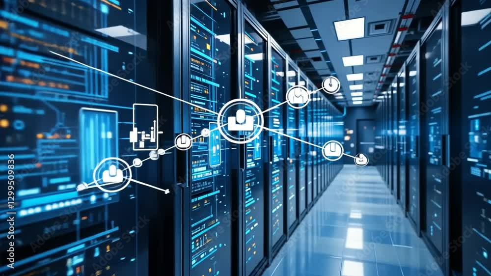 Poster digital information flows through the network and data servers