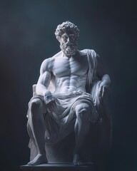 Obraz premium Majestic Ancient Greek God Statue in White Marble with Dramatic Lighting Creating Powerful Classical Art Portrait Against Dark Background