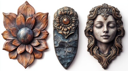 Set of three unique bohemian art objects showcasing intricate designs and textures