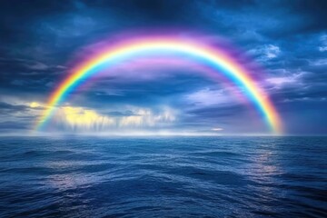 A vibrant rainbow arches over a stormy sea, sunlight breaking through the clouds.