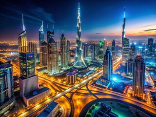 Fototapeta premium Dubai Night Skyline: Aerial View of Illuminated Skyscrapers with Bokeh