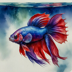Fototapeta premium Watercolor Illustration of two Betta Fish in a Thai Freshwater Stream